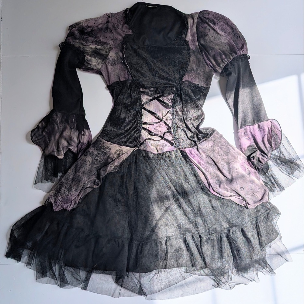 Gothic Witch Costume Dress Women's S Purple Black Lace Up Bell Sleeve Tulle Mesh